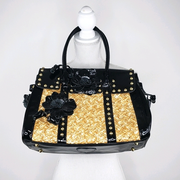 Beverly Feldman Handbags - Beverly Feldman Straw Patent Flower Studded Purse